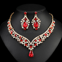 Teardrop Alloy Rhinestone Pendant Necklaces & Stud Dangle Earrings Sets, Golden, Light Siam, 420mm(FS-WGBD9B5-01)