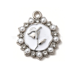 Alloy Pendants, with Enamel & ABS Plastic Beads, Lead Free & Cadmium Free & Nickel Free, Rack Plating, Flower, White, Platinum, 20x17.5x3mm, Hole: 1.6mm(FIND-H015-04P-02)