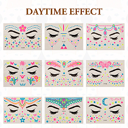 9 Sheets 9 Style Creative Fluorescent Face Tattoo Paper Stickers, Body Stickers Glow UV Neon Temporary Tattoos for Women Festival DIY Makeup Party Props, Rectangle, Mixed Patterns, 15x10.5x0.03cm, 1 sheet/style(STIC-TA0002-01)