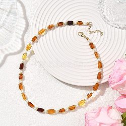 Rectangle Natural Amber and Round White Shell Pearl Beaded Necklaces, with 304 Stainless Steel End Chains, Golden, Orange, 15.94 inch(40.5cm)(NJEW-JN05645)