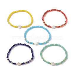 Flower Natural Shell & Glass & Seed Beaded Stretch Bracelet, Mixed Color, Inner Diameter: 2-1/8 inch(5.5cm)(BJEW-JB10183)