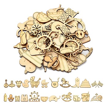 50Pcs Unfinished Wood Slices Art Pendants Chips, for DIY Hanging Gift Tags, Children Theme, Mixed Shapes, Bisque, 2~4.2x1.24.47x0.23~0.25cm, Hole: 1.9mm