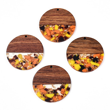 Transparent Resin & Walnut Wood Pendants, with Gold Foil, Flat Round Charms, Coral, 38.5x3mm, Hole: 2mm