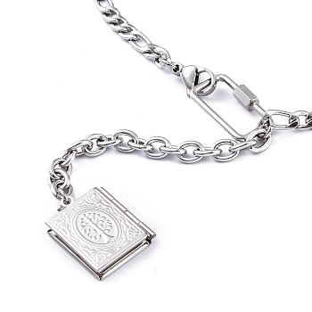 304 Stainless Steel Diffuser Locket Pendant Necklaces, Lariat Necklaces, with Figaro Chains & Cable Chains, Book with Tree of Life, Stainless Steel Color, 21.22 inch(53.9cm)