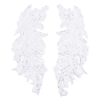Leaf Polyester Embroidery Lace Appliques, Ornament Accessories for Cheongsam, Dress, White, 342x125x3mm, 1 pair/box