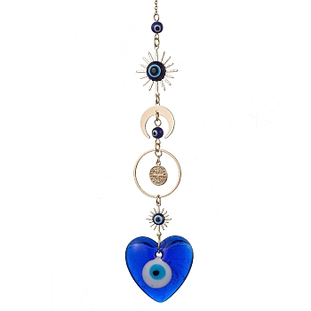 Blue Evil Eye Lampwork Pendant Decorations, with Brass Star/Moon Link, Hanging Ornaments, Heart, 210mm