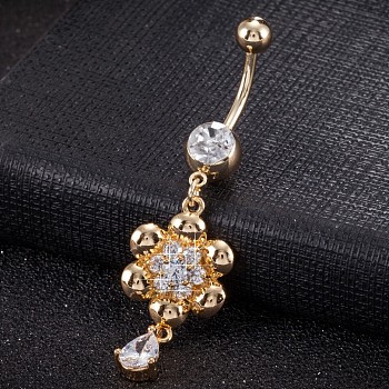 Piercing Jewelry, Brass Cubic Zirconia Navel Ring, Belly Rings, with 304 Stainless Steel Bar, Cadmium Free & Lead Free, Real 18K Gold Plated, Flower, Clear, 55x15mm, Bar Length: 3/8"(10mm), Bar: 14 Gauge(1.6mm)