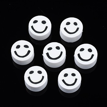 Handmade Polymer Clay Beads, Flat Round with Smiling Face, White, 8~9x4mm, Hole: 1.5mm