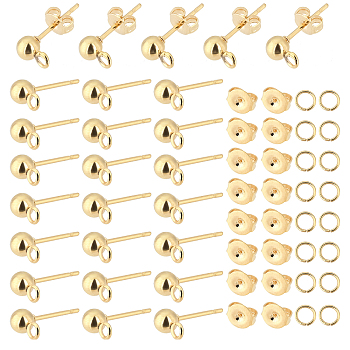 Elite 100Pcs 304 Stainless Steel Stud Earring Findings, Ball Stud Earring Post with Loop, with 100Pcs Open Jump Rings & 100Pcs Ear Nuts, Real 24K Gold Plated, 15x7x4mm, Hole: 1.7mm
