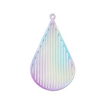 Spray Painted 430 Stainless Steel Pendants, Teardrop Charm, Colorful, 44x23.5x0.5mm, Hole: 1.8mm