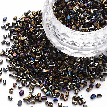 Glass Bugle Beads, Metallic Colours, Gray, 2.5~3x2mm, Hole: 0.9mm, about 15000pcs/pound