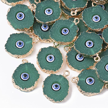 Druzy Resin Pendants, with Edge Light Gold Plated Iron Loops, Flat Round with Eye, Teal, 20~23x17~18x5mm, Hole: 1.8mm