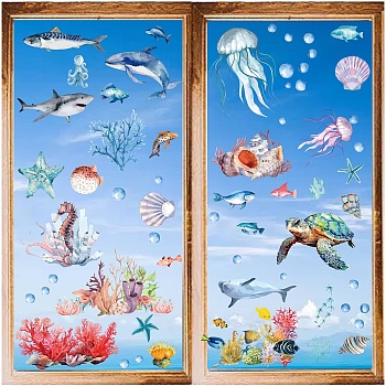 8 Sheets 8 Styles PVC Waterproof Wall Stickers, Self-Adhesive Decals, for Window or Stairway Home Decoration, Marine Animal, 200x145mm, 1 sheet/style