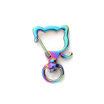 Rainbow Color Vacuum Plated Alloy Swivel Keychain Clasps, Lanyard Hollow Trigger Snap Hooks, Cat Shape, 35x24mm