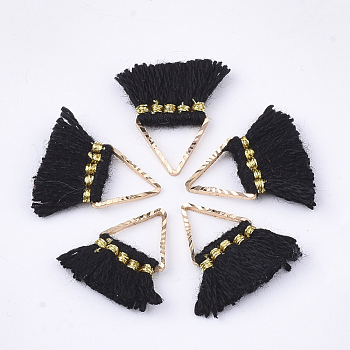 Polycotton(Polyester Cotton) Tassel Charms Decorations, Mini Tassel, with Brass Findings, Triangle, Golden, Black, 14~15x12~15x2mm, Hole: 7x6mm