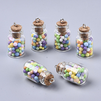 Glass Wishing Bottle Pendant Decorations, with Polystyrene Foam Inside, Cork Stopper and Iron Screw Eye Pin Peg Bails, Colorful, 22x15mm, Hole: 2mm