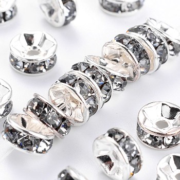 Brass Grade A Rhinestone Spacer Beads, Silver Color Plated, Nickel Free, Black Diamond, 10x4mm, Hole: 2mm