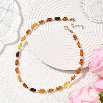 Rectangle Natural Amber and Round White Shell Pearl Beaded Necklaces, with 304 Stainless Steel End Chains, Golden, Orange, 15.94 inch(40.5cm)