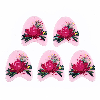 Acrylic Pendants, 3D Printed, U Shape with Flower Pattern, Pink, 39x31.5x2.5mm, Hole: 2mm