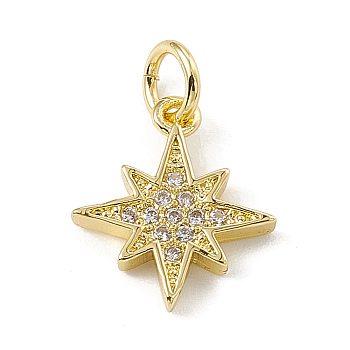 Brass Micro Pave Cubic Zirconia Charms, with Jump Rings, Shining Star Charms, Real 18K Gold Plated, 13x11.5x2mm, Hole: 3.4mm