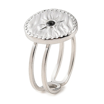 304 Stainless Steel Open Cuff Ring for Women, with Rhinestone, Flat Round, Stainless Steel Color, US Size 6(16.5mm)