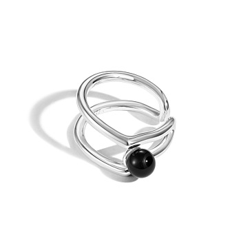 S925 Sterling Silver Open Cuff Ring for Women, with Natural Black Agate, Round, Silver, US Size 7 1/2(17.7mm)