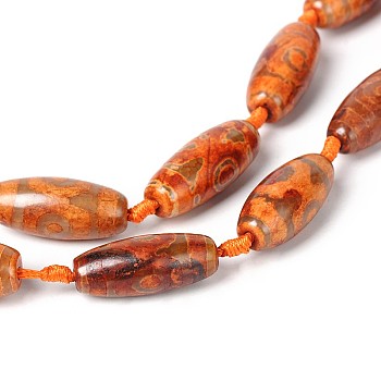 Tibetan Style 3-Eye dZi Beads Strands, Natural Agate Rice Beads, Dark Orange, 29~32x14~17mm, Hole: 1mm, about 10pcs/strand, 15.0 inch