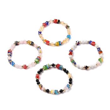 Stretch Beaded Bracelets, with Cube Millefiori Glass Beads, Round Natural Gemstone Beads and Brass Beads, Mixed Color, Inner Diameter: 2-1/4 inch(5.6cm)