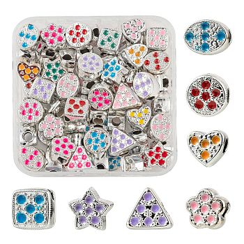 70Pcs 7 Style UV Plating Acrylic European Beads, with Enamel, Large Hole Beads, Cuboid & Heart & Triangle & Flower & Star & Oval & Flat Round Concave Dots, Mixed Color, 11~13.5x10.5~14x8.5mm, Hole: 4~4.5mm, 10pcs/style