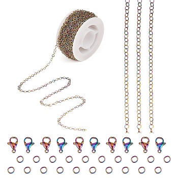DIY Chain Jewelry Set Making Kit, Including Rainbow Color Ion Plating(IP) 304 Stainless Steel 5M Rolo Chains & 10Pcs Lobster Claw Clasps & 20Pcs Jump Rings, 1Pc Plastic Spool, Rainbow Color, Rolo Chains: 3x0.6mm