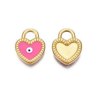 304 Stainless Steel Enamel Pendants, Real 18K Gold Plated, Heart with Evil Eye, Deep Pink, 18x14x2.5mm, Hole: 4.5x4.5mm