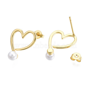 Brass Open Heart Stud Earrings with ABS Plastic Pearl for Women(EJEW-N011-54LG)-3