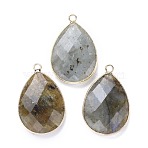 Faceted Natural Labradorite Pendants, with Light Gold Plated Brass Edge and Loop, Teardrop, 28.5~29.5x19~20x7mm, Hole: 1.2mm(X-G-M356-B02-LG)