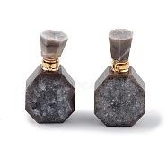 Electroplated Natural Druzy Agate Openable Perfume Bottle Pendants, Faceted Perfume Bottle Charms, with Golden Tone Brass Findings, Gray Plated, 35~37.5x20x13.5~14.5mm, Hole: 1.8mm(G-L524-10G-03)