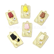 Rack Plating Spray Painted Alloy Pendants, with Rhinestone, Cadmium Free & Nickel Free & Lead Free, Rectangle with Flower, Golden, 30x17x5mm, Hole: 2.2mm(FIND-C049-09G)