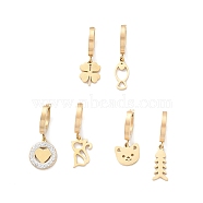 3 Pair 3 Style Heart & Bear & Fish & Clover Crystal Rhinestone Asymmetrical Earrings, Ion Plating(IP) 304 Stainless Steel Dangle Hoop Earrings for Women, Golden, 23~29mm, Pin: 1mm, 1 Pair/style(EJEW-B020-15G)