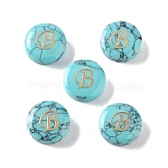 Synthetic Turquoise Beads, with Golden Tone Brass Slices, Flat Round with Letter, Letter B, 15x5.5mm, Hole: 1.4mm(G-A238-02B)