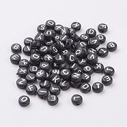 Mixed Letters Acrylic Beads, Flat Round, Black, about 7mm in diameter, 4mm thick, hole: 1mm, about 350pcs/50g(X-PB40C9070)