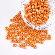 DIY Craft Beads 8/0 Opaque Colors Lustered Round Glass Seed Beads, Dark Orange, Size: about 3mm in diameter, hole:1mm, about 1101pcs/50g(X-SEED-A012-3mm-130)
