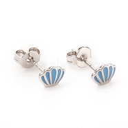 Brass Ear Studs, with Enamel, Ear Nuts and 925 Sterling Silver Pins, Shell Shape, Light Sky Blue, Platinum, 4.5x6x1mm, Pin: 0.7mm(EJEW-G281-03P)