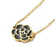 Black Enamel Flower Pendant Necklace with Plastic Pearl Beaded, Ion Plating(IP) 304 Stainless Steel Jewelry for Women, Golden, 23.23 inch(59cm)(NJEW-G036-08G)
