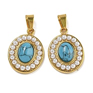 Ion Plating(IP) 304 Stainless Steel Pave Synthetic Turquoise Pendants, with ABS Plastic Pearl, Golden, Oval, 19x14x5mm, Hole: 5x3mm(STAS-U024-16G-02)