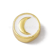 Real 18K Gold Plated Brass Enamel Beads, Long-Lasting Plated, Cadmium Free & Lead Free, Flat Round with Moon, White, 11x4.5mm, Hole: 1.8mm(KK-A170-01G-02)