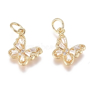 Brass Micro Pave Cubic Zirconia Pendants, with Jump Ring, Long-Lasting Plated, Butterfly, Clear, Golden, 10x11x2mm, Hole: 1.8mm(X-ZIRC-G168-34G)