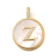 Rack Plating Brass Micro Pave Clear Cubic Zirconia Pendants with Shell, Letter Series Charms, Long-Lasting Plated, Lead Free & Cadmium Free, Letter Z, 32x24x3.5mm, Hole: 6x3mm(KK-M309-42G-Z)