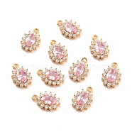 Real 18K Gold Plated Brass Micro Pave Cubic Zirconia Charms, Cadmium Free & Nickel Free & Lead Free, Oval, Pink, 12x8x3mm, Hole: 1.2mm(ZIRC-Z023-04E-NR)