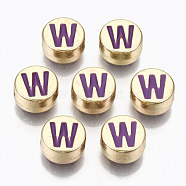 Alloy Enamel Beads, Cadmium Free & Lead Free, Flat Round with Initial Letters, Light Gold, Dark Orchid, Letter.W, 8x4mm, Hole: 1.5mm(ENAM-S122-029W-RS)