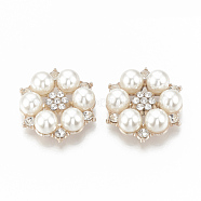 Alloy Rhinestone Flat Back Cabochons, with ABS Plastic Imitation Pearl, Flower, Light Gold, 28x25x8.5mm(RB-S048-19RG)