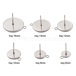48Pcs 6 Size 304 Stainless Steel Stud Earring Settings, with Loop, Flat Round, Stainless Steel Color, 11~21x8~18x1.5~2mm, Hole: 1.8mm, Tray: 6~16mm, Pin: 0.8mm, 48pcs/box(STAS-ZZ0001-02P)