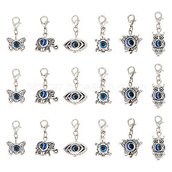 10 Sets Evil Eye Pendant Decorations, Alloy & Resin Lobster Clasp Charms, Lotus Flower & Owl & Elephant & Eye & Butterfly & Tortoise, Antique Silver & Platinum, 29~36mm, 6pcs/set(HJEW-DR0001-07)